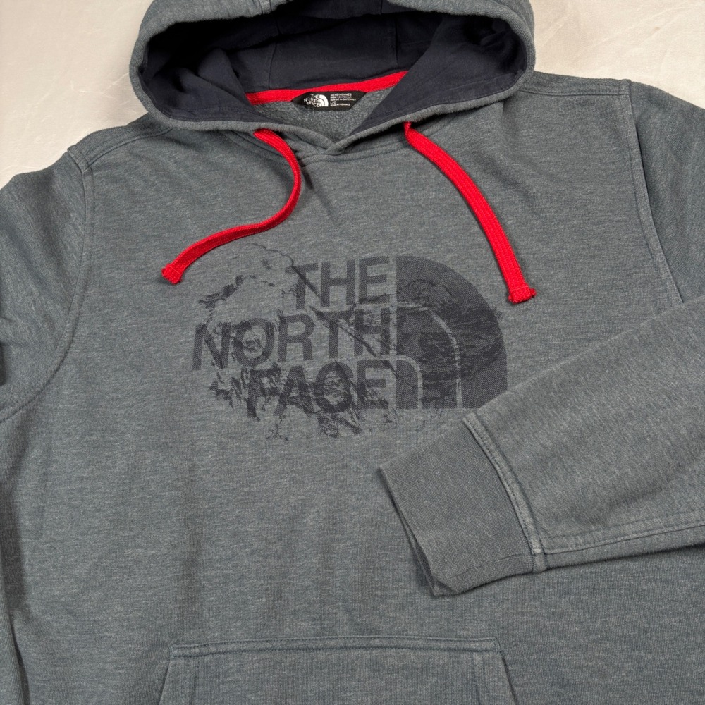 The North Face Hoodie Mens Large Gray Red Drawstring Logo Pullover Sweatshirt